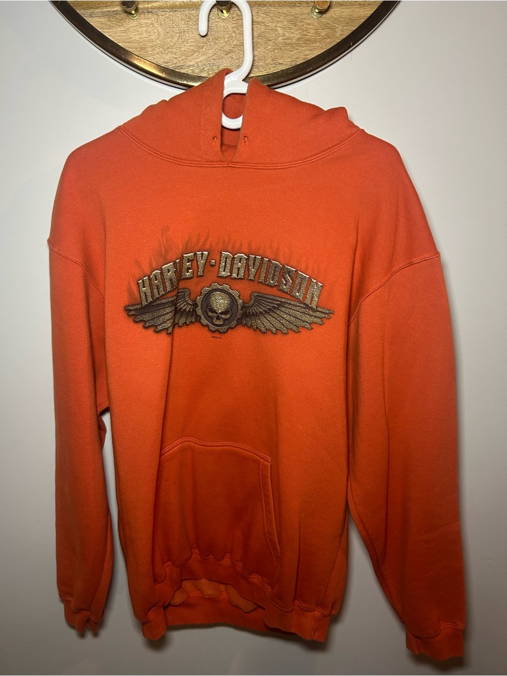 Harley-Davidson Orange Hoodie with Winged Skull Emblem - Picture 2 of 5